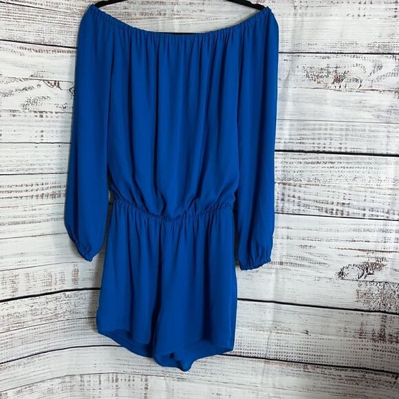 Three Eighty Two Thompson Romper womens Size Small off the shoulder lagoon Blue - Picture 2 of 7